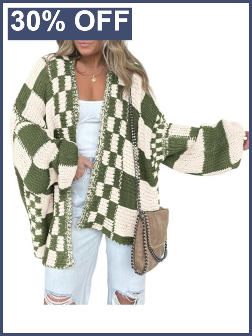 Women's Checkered Cardigan Sweater Open Front V Neck Ribbed Knit Fall Winter